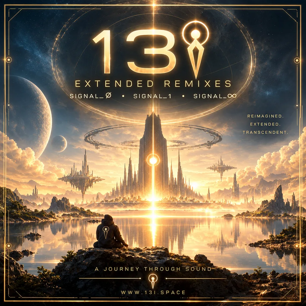 13i Extended Remixes cover: a golden tower of light rising over a still lake